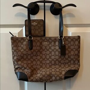 Coach Brown and Dark brown signature Tote with matching little wallet. NWOT